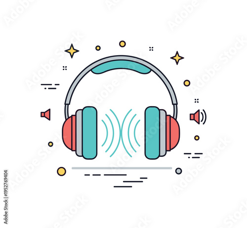 Noise canceling headphones concept centered on cushioned earcups with soft circular lines blocking external sound waves, symbolizing focus and distraction free