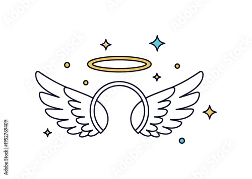 Heavenly wings and halo accessory featuring stylized feather wings paired with a glowing circular halo, expressing purity and fantasy inspiration. The compact