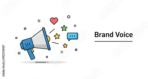 Digital storytelling brand storytelling strategy with a simple megaphone projecting small icons of heart, star, and message bubble, conveying emotional