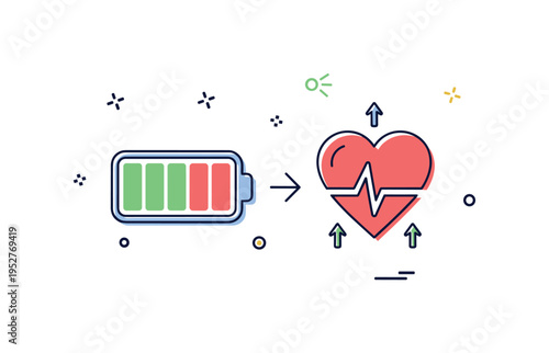 Burnout recovery concept featuring a low battery icon transforming into a recharged heart with small upward arrows. A compact editorial metaphor for rest,
