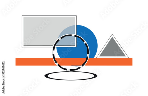 Black and white hula hoop ring placed on the ground casting a perfect circular shadow, large cobalt blue circle slightly offset behind it, orange horizontal