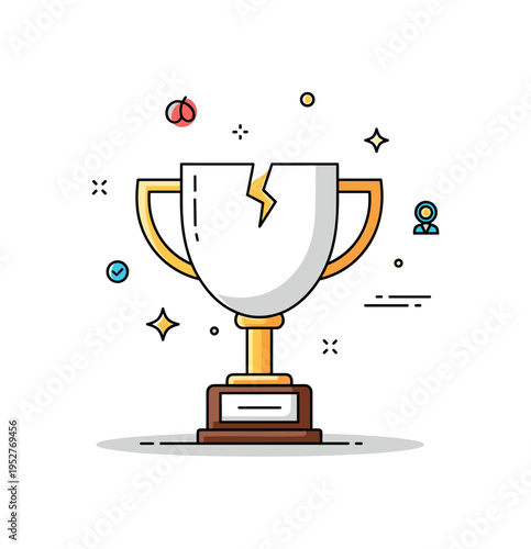 Confidence after failure shown as a trophy with a small crack repaired by a golden line, symbolizing value in imperfection and earned experience. The compact