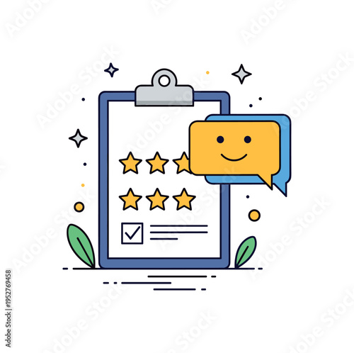 Customer feedback management showing a clipboard with rating stars and a smiling chat bubble, expressing satisfaction tracking and quality improvement. The