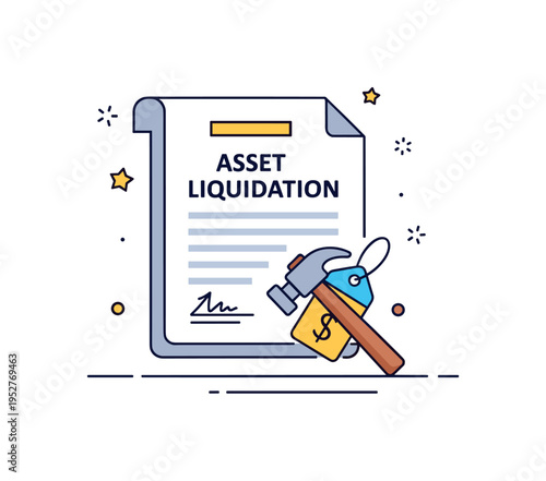 Asset liquidation paperwork represented by a document paired with a small auction hammer and price tag icon, expressing sale of assets during insolvency.