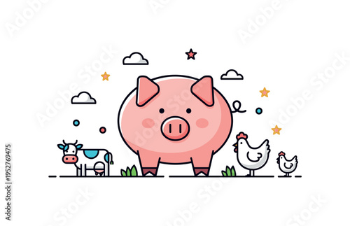 Farm animal collection featuring a central pig icon accompanied by tiny simplified cow and chicken silhouettes, expressing livestock diversity in a cohesive