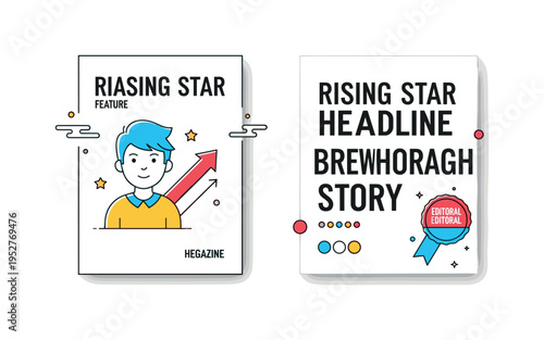 Rising star feature story presenting a magazine cover with a youthful portrait outline, upward arrow accent, and bold headline blocks suggesting growth and new
