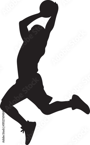 Dynamic black silhouette of a basketball player jumping high with the ball, ready to shoot or dunk
