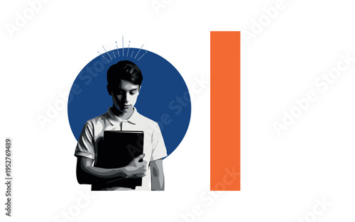 Monochrome silhouette of a student holding a textbook against the chest, dramatic contrast and vintage feel, large abstract circle behind in deep