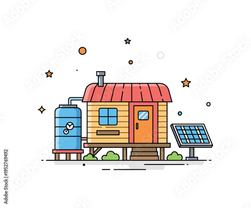 Youthful off grid lifestyle tiny cabin with small water tank and solar panel detail, conveying independence from traditional systems and adventurous mindset.
