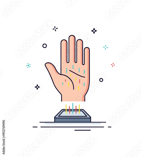 Palm vein authentication open hand silhouette above a small scanning pad with glowing lines tracing through it, conveying advanced contactless identification