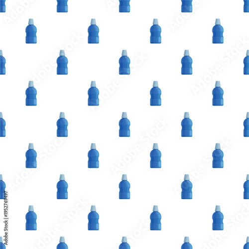 Blue plastic laundry detergent bottles creating a seamless repeating pattern on a white background