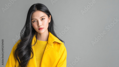 Young Asian woman posing in yellow coat against gray background  