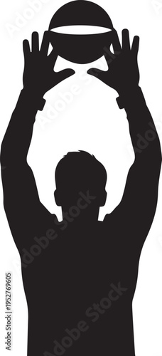 Dynamic silhouette of a basketball player holding a ball overhead, poised for a shot or pass, isolated on white.