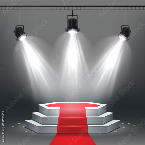 A red carpet event stage with bright spotlights shining down