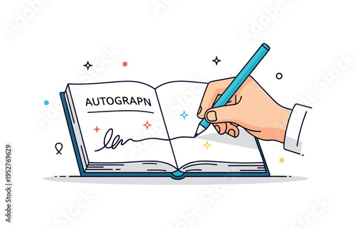 Autograph moment close up of hand signing a book title page with flowing signature line and tiny star accents, expressing milestone achievement and fan