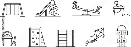 Minimalist playground equipment icon set including swing slide seesaw sandbox climbing frame kite vector outline illustration isolated design