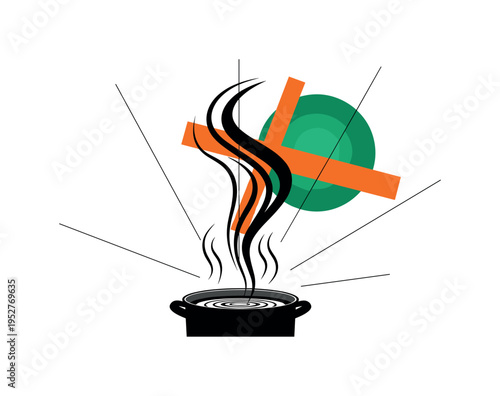 Black and white minimal pot of water with steam rising in smooth curves, large emerald green sun-like circle behind the steam silhouette, orange rectangular