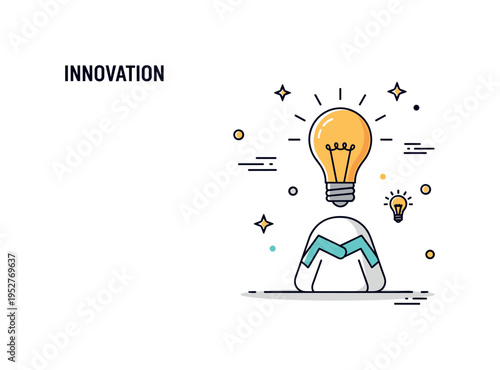 Innovation unveiling moment theme centered on a glowing light bulb above a newly presented product form, expressing creativity and breakthrough ideas entering