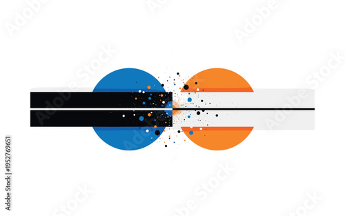 Top-down conceptual view of two contrasting monochrome blocks meeting at a precise boundary line within overlapping blue and orange circles, subtle abstract