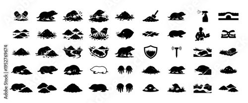 Mole Silhouette Icon Set, Molehill Garden Pest Control Symbols, Underground Animal Wildlife Vector Collection