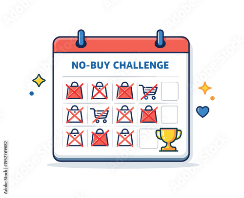 No-buy challenge shown as a minimal calendar page with crossed shopping icons and a small trophy, representing commitment progress and personal achievement.