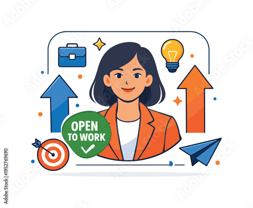 Redefining open to work meaning shown through a confident profile card framed by upward arrows and positive symbols highlighting opportunity readiness and