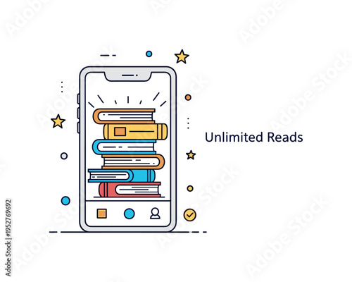 Digital reading subscription concept centered on a stack of virtual book icons arranged inside a single app window, symbolizing unlimited access and curated