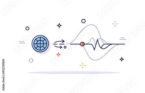 Wave particle duality illustration featuring a single photon icon transforming into a soft wave line, expressing the paradox of light behaving as both particle