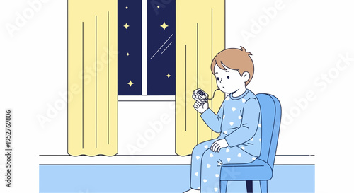 Child in pajamas looking at a smart watch at night, stars visible through window