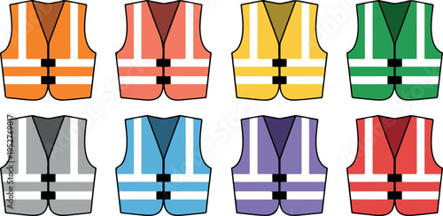 Colorful safety vest icon set flat vector style for construction workers road safety equipment industrial workwear and project design