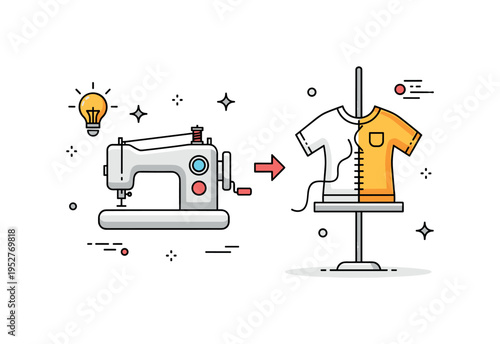 Sewing and construction stage featuring a simple sewing machine and partially stitched garment symbolizing transformation from idea to reality. Subtle thread