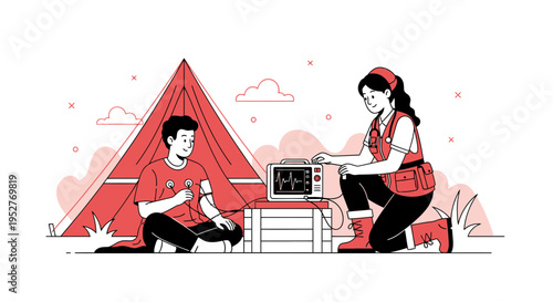 Camping Couple Monitoring Health with ECG Machine and Tent