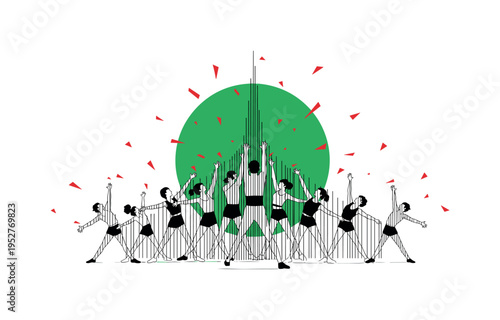 Black and white retro group scene of high-energy aerobics finale pose, oversized green circle rising from behind the group like symbolic vitality, thin