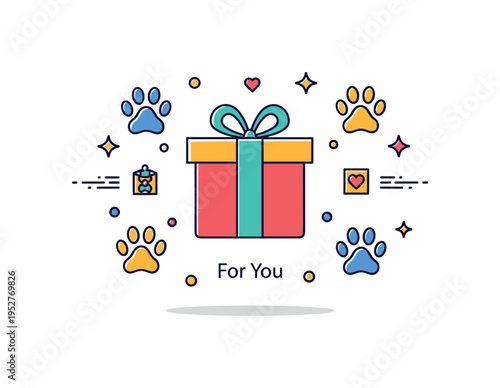 Pet appreciation day concept centered on a bright present box framed by paw print icons and subtle decorative dots, symbolizing gratitude and everyday love for