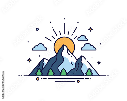 Mountain sunrise landscape featuring a bold stylized peak with a rising sun and a few soft clouds, expressing awe, serenity, and the timeless beauty of