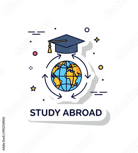 International student exchange sticker highlighting a graduation cap above a globe with small arrows circling it to symbolize global education opportunities. A