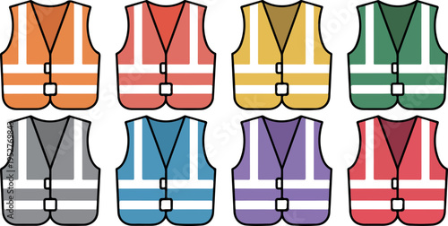Colorful safety vest icon set flat vector style for construction workers road safety equipment industrial workwear and project design