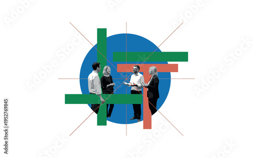 Black and white group of four adults in mid-conversation, bold cobalt blue circular backdrop unifying the group, emerald green and terracotta geometric