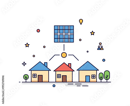 Community solar project featuring simplified homes sharing a connected solar grid icon, expressing collaboration, accessibility, and shared sustainability