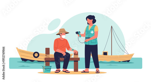 Doctor checking patient's blood pressure by the sea with a boat in the background