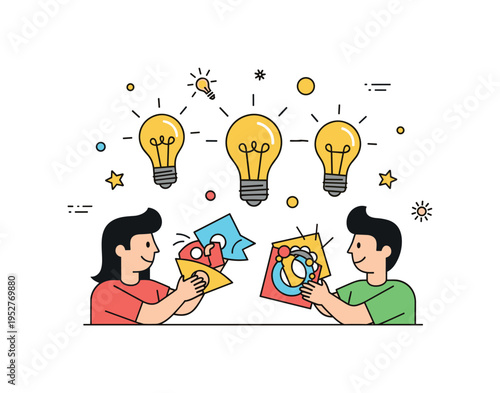 Creative brainstorming craft session shown through light bulb icons floating above two crafting figures holding colorful paper cutouts, symbolizing idea