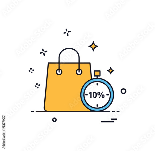 Limited time offer campaign theme showing a simple shopping bag icon paired with a countdown timer and tiny sparkle accents, symbolizing urgency and increased