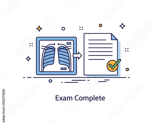 Chest x-ray medical report concept showing a minimal x-ray image paired with a document icon marked with a check symbol, expressing completed examination and