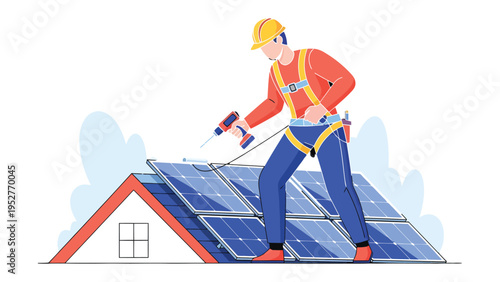 Solar Panel Installation: A skilled technician, equipped with necessary tools, meticulously installs solar panels on a rooftop, symbolizing sustainable energy.