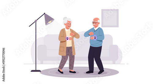 Elderly couple dancing happily at home, enjoying retirement and active lifestyle