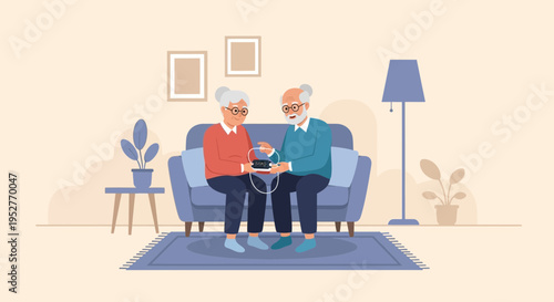 Elderly couple using a pulse oximeter on the couch at home, health monitoring