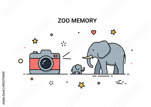 Zoo day memory concept featuring a camera icon pointed toward a small elephant silhouette, expressing capturing special family moments. The balanced
