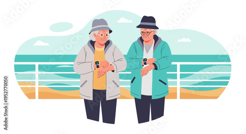 Elderly Couple Checking Smartwatches on Beach Promenade, Enjoying Coastal View