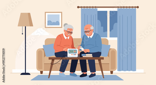 Elderly Couple Monitoring Blood Pressure Together at Home, Health Care Concept