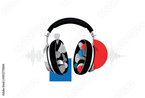 Black and white headphones enlarged dramatically with abstract shapes inside ear cups representing genre diversity, bold red circular accent intersecting one